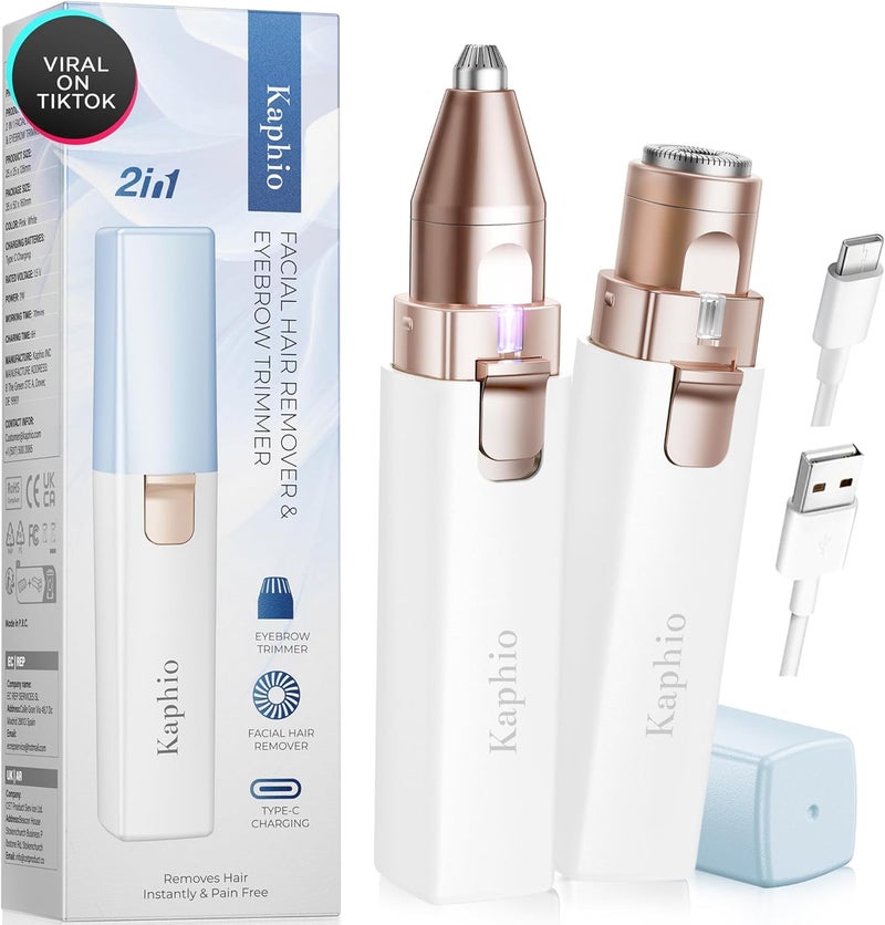 Kaphio Facial Hair Removal for Women: 2 in 1 Electric Hair Removal Device for Chin Upper Lip Peach Fuzz & Rechargeable Eyebrow Trimmer for Shape Brows with Light (Blue) - Image 1